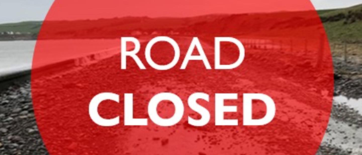 A red circle with the words Road Closed in white over a picture of a road.